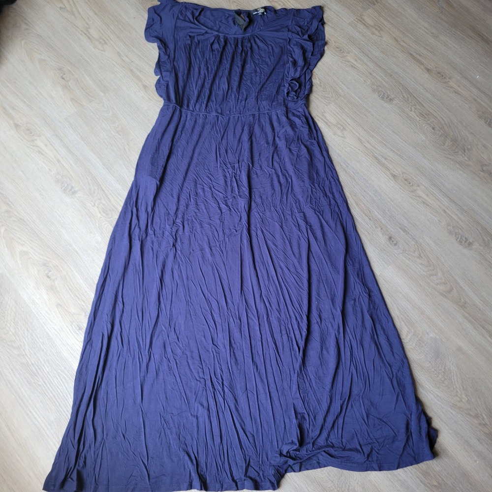 Suzanne Betro Dress Women 1X Navy Blue Maxi Ruffle Cap Sleeve Pockets U0504066